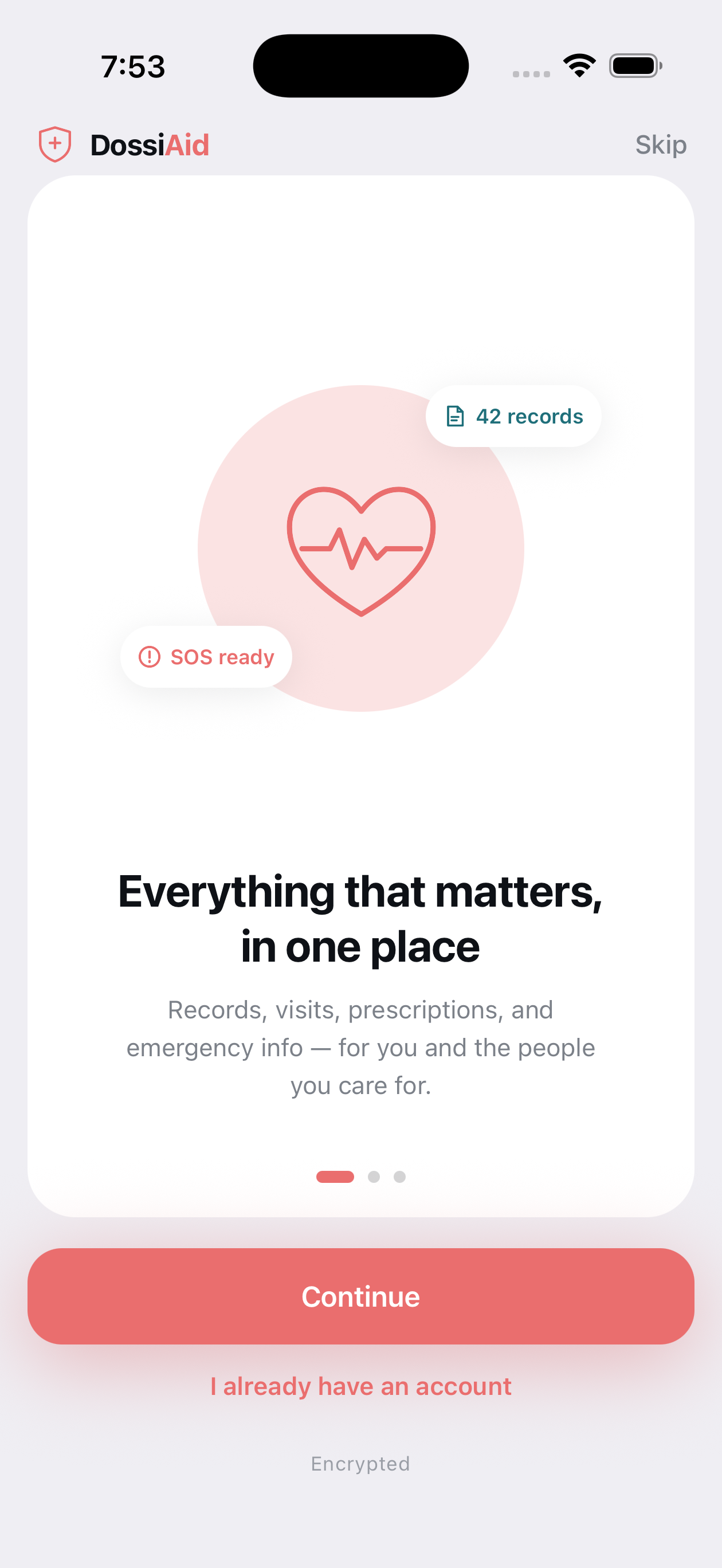 DossiAid onboarding screen